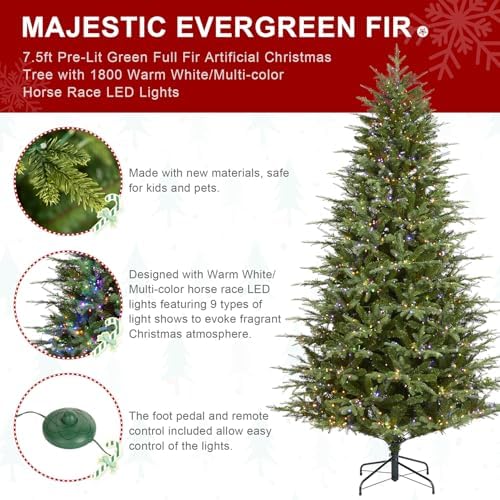 Glitzhome 7.5ft Prelit Artificial Christmas Tree, Green Full Christmas Tree Majestic Evergreen Fir with 1800 Warm White/Multi-Color Chasing and Twinkling Lights, 9 Function w/Foot Pedal&Remote