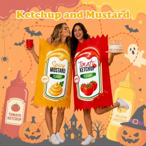 2 Set Ketchup and Mustard Couple's Halloween Costume Set for Adults