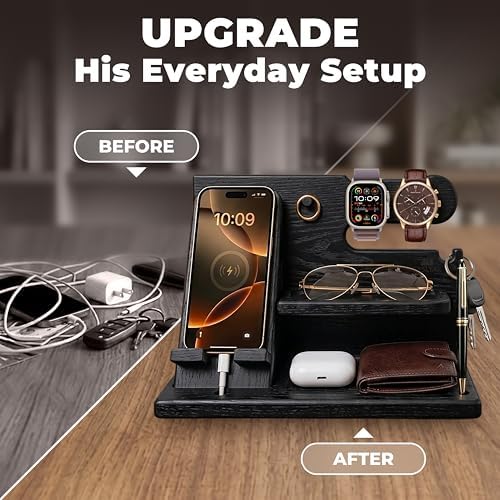 TESLYAR Wood Phone Docking Station for Men - Desk or Nightstand Organizer - Birthday Gifts for Husband, Dad - Anniversary Idea from Wife - Key Holder, Stand Wallet, Watch & Essentials (Granite Black)
