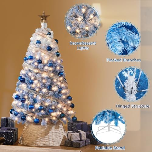 Yaheetech 4.5ft Prelit Flocked Christmas Tree, Blue & White, 100 Lights