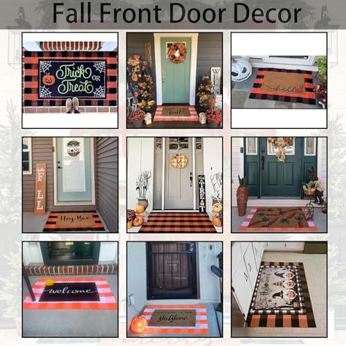 Orange and White Plaid Rug, 24'' x 51'' Fall Front Door Decor Mat, Cotton Washable Hand-Woven Door mat for Layered Doormat, Autumn Halloween Thanksgiving Carpet for Porch, Entryway