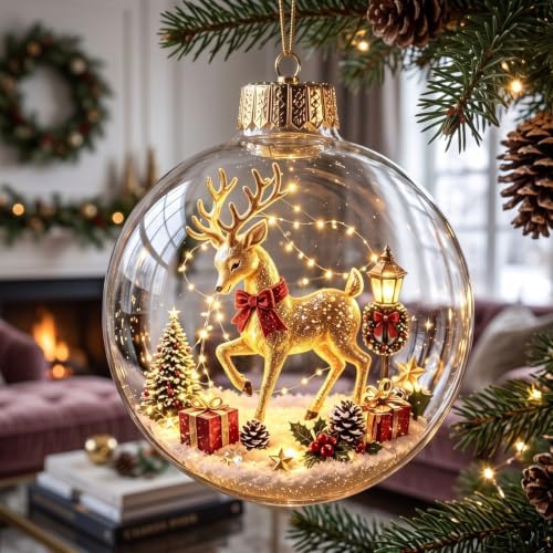 5PCS Glowing Christmas Ornaments - Mini Gold Light-Up Christmas Ball Ornaments - Christmas Tree Ornament with Warm LED Light for Tree Mantel, Holiday Scene Decoration & Gift