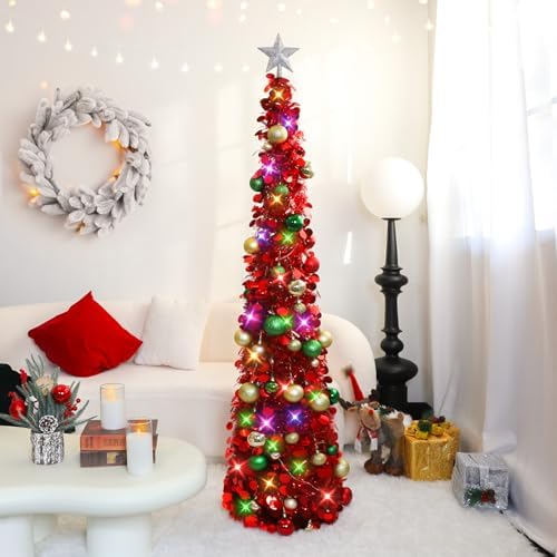 N&T NIETING Pop Up Christmas Tree with Lights & Ornaments, 5FT, Red