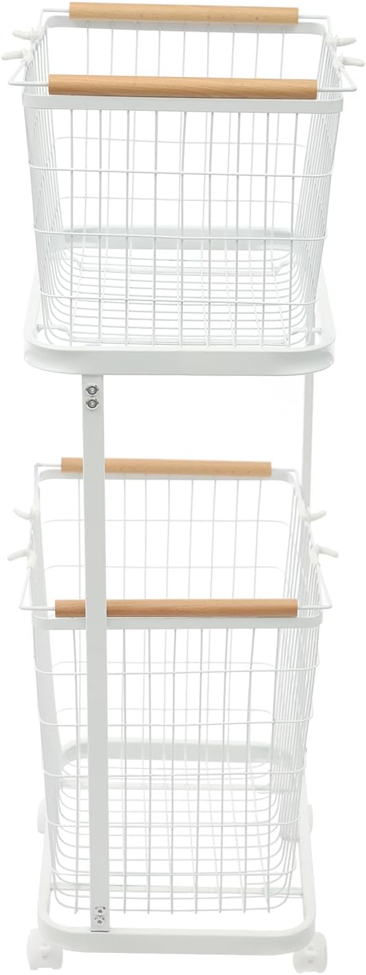 2 Tier Laundry Basket, Removable Metal Wire Laundry Cart with 4 Universal Wheels Rolling Laundry Basket Floor Standing Clothing Garment Sorting Hamper Organizer Load Bearing Capacity 88.18 lbs (White)