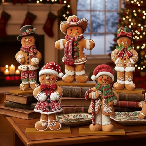RattanView 5 Pcs Christmas Gingerbread Tabletop Decorations Wooden Christmas Centerpiece Table Decor Holiday Sequins Village Standing Sign with Base for Xmas Home Mantel Shelf(Gingerbread Man)