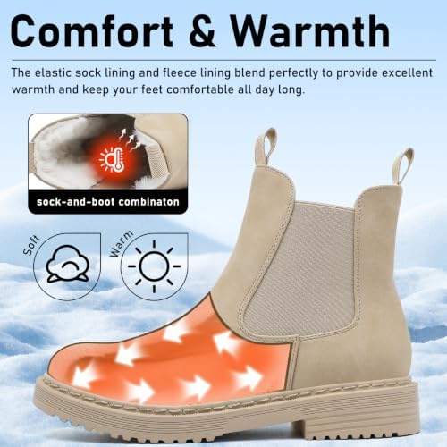 Womens Winter Chelsea Boots Warm Faux Fur Lined Chunky Lug Ankle Booties
