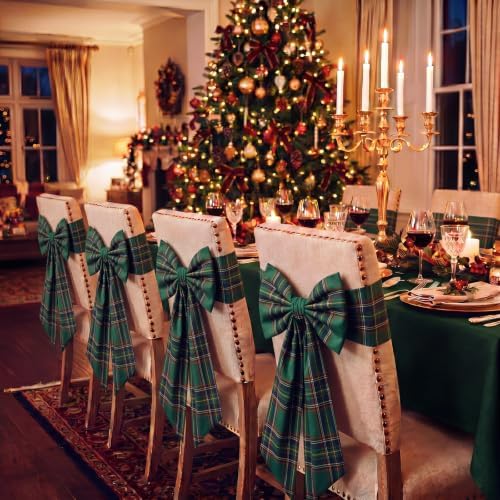 Thiccywoov 4 Pcs Christmas Chair Bows Decorations 25 x 14 in, Green Tartan