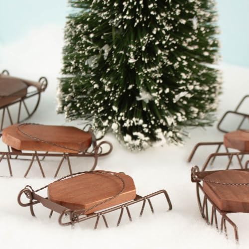 6 Mini Rustic Wood Sleds – 4" Metal & Wood Christmas Holiday Decorations