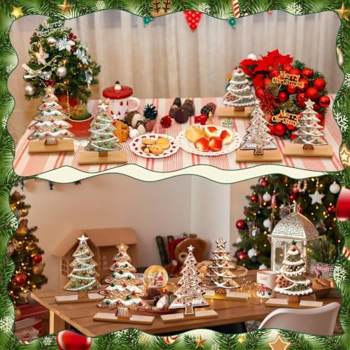 RattanView 5 Pcs Gingerbread Christmas Table Decorations Wooden Gingerbread Tree Decor Christmas Centerpiece Ginger Bread Village Decoration Winter Tiered Tray Decor with Base for Xmas Home Kitchen