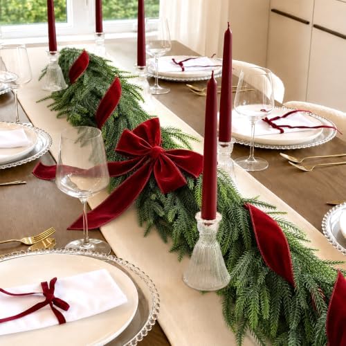 Christmas Decor - 6FT Norfolk Pine Garland with Ribbon Bows Red Velvet