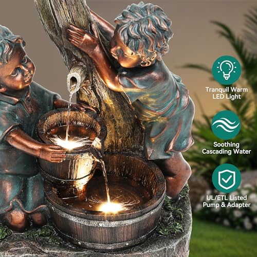 AUTODAYA 31" Boy and Girl Outdoor Fountain LED 3-Tier Cascading Waterfall