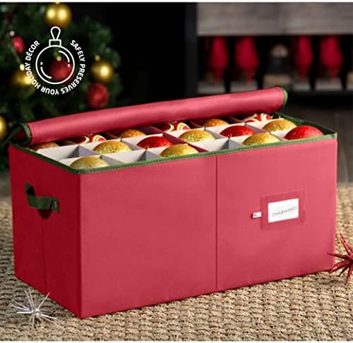 ZOBER Large Christmas Ornament Storage Box - Stores 54 4" Large Ornaments, With Dividers - Ornament Organizer Storage Box, Durable Christmas Containers Holder, Dual Zipper - Red