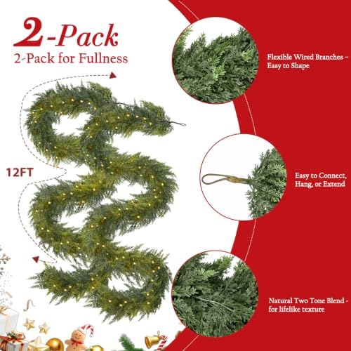 2Pcs 12FT Christmas Garland with LED Lights, Real Touch Cedar Garland