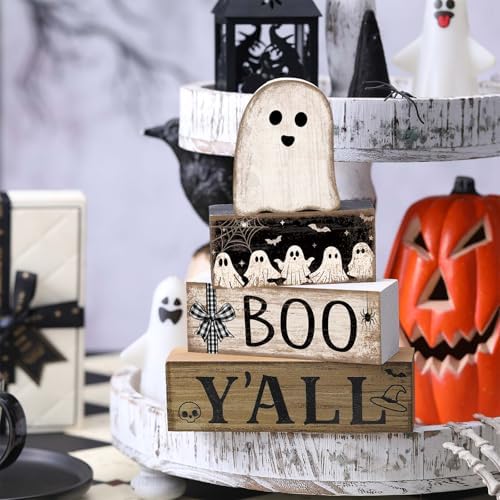 Lineshading 4 Pcs Halloween Table Decoration Wooden Ghost Tiered Tray Decor