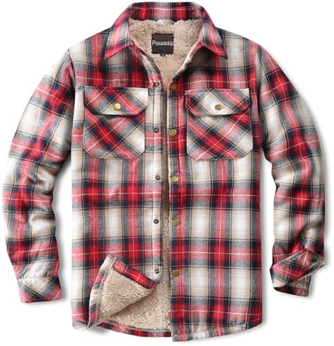 Men's Sherpa Cotton Flannel Shirt Jacket Plaid Button Coat Pocket
