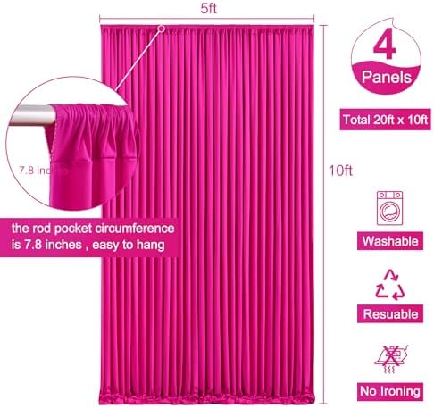 4 Panels Fuchsia Backdrop Curtain for Parties Birthday Party Wrinkle Free Hot Pink Photo Curtains Backdrop Drapes Fabric Decoration for Wedding 20ft(W) x 10ft(H)