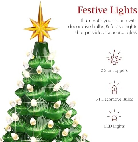 Best Choice Products 15in Ceramic Christmas Tree, Pre-lit Hand-Painted Tabletop Holiday Tree, 2 Star Toppers, 64 Lights - Green w/Warm White Bulbs