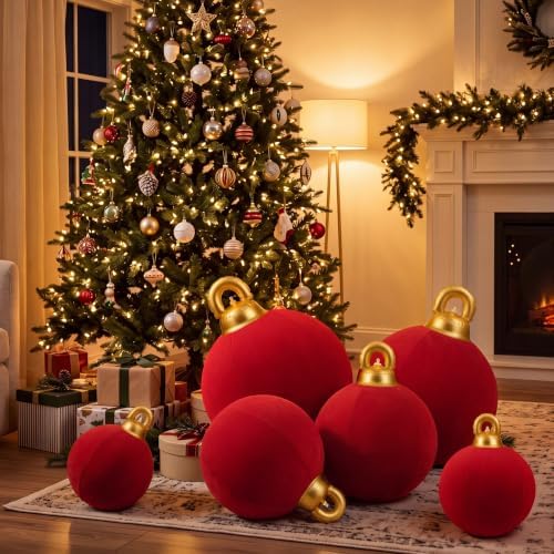 Jenaai 6 Pcs Red Giant Velvet Christmas Inflatable Ball Ornament