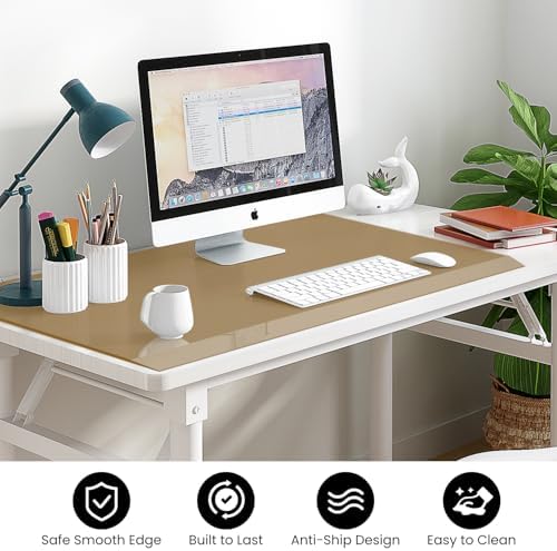 VASUHOME 32" x 20" Brown Tempered Glass Desk Mat with Beveled Edge - Ergonomic Desk Protector, Dry Erase Surface, Ideal Table Top Protector for Home & Office