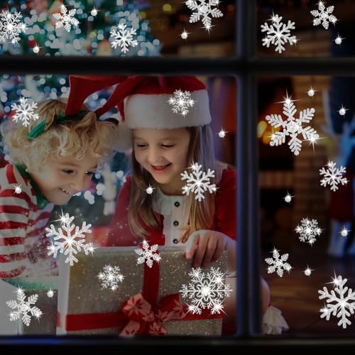 LUDILO 240Pcs Christmas Window Clings Glitter Snowflakes Window Decals
