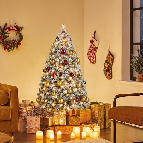 Yaheetech 4.5ft Pre-Lit Snow Flocked Artificial Christmas Tree, 100 Lights