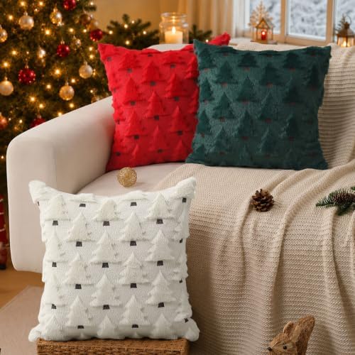 Allorry Christmas Pillow Covers 18x18 inch Set of 2 Christmas Decorations Soft Plush Faux Fur Wool Cream White Christmas Tree Throw Pillow Cases Winter Holiday Decor for Sofa Living Room PT-002D18