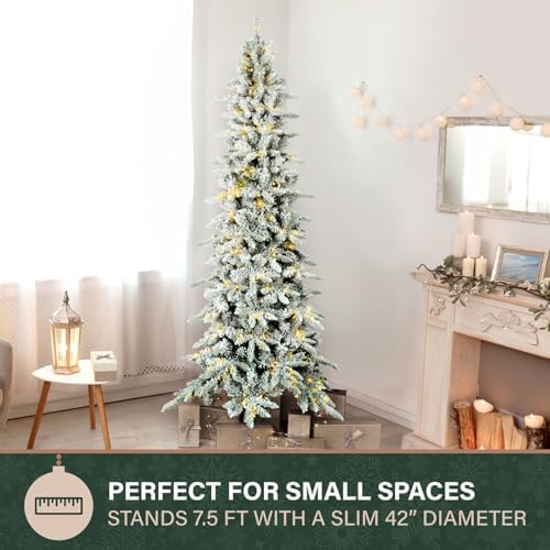 Fraser Hill Farm 7.5-Ft. Slim Mountain Pine Flocked Artificial Christmas Tree with Warm White LED Lights and Stand, Prelit Foldable Fake Tree with Realistic Snowy Foliage for Home Decoration