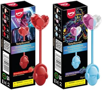 AMOS TastySounds Audio Lollipop 2-Pack Combo - Strawberry & Blueberry Flavors, Bone Conduction Music Candy with Earbud Design
