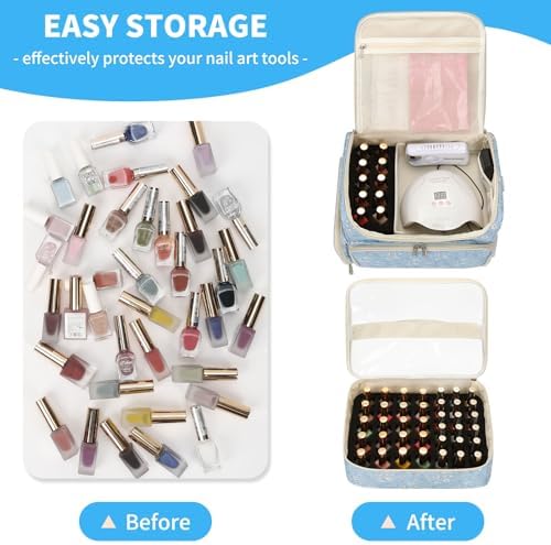 CUBETASTIC Extra Large Nail Polish Organizer Case Holds 86 to 100+ Bottles Nail Polish & Nail Lamp, Nail Supplies Storage Carrying Bag with 2 Removable Pouches, White Floral in Blue