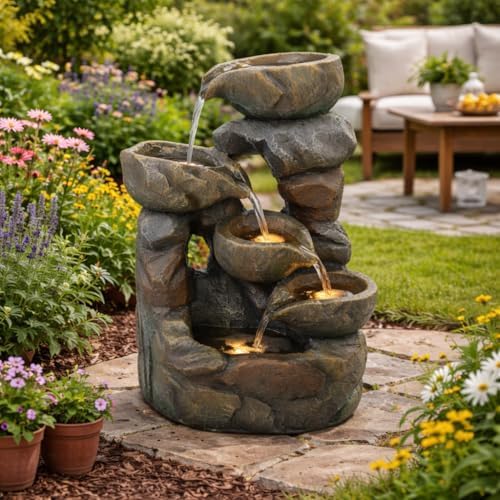 15.7" Resin Outdoor Stone Bowl Water Fountain with LED Lights