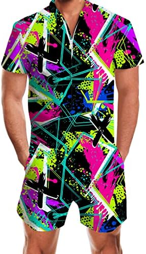 RAISEVERN Mens Romper Male Zipper Shorts Sleeve One Piece Bro Outfits