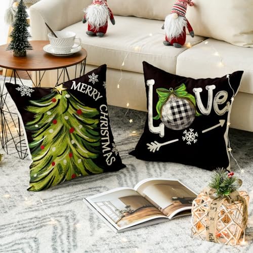 AVOIN colorlife Merry Christmas Let It Snow Love Snowman Black Throw Pillow Covers, 20 x 20 Inch Xmas Tree Holiday Cushion Case Decoration for Sofa Couch Set of 4