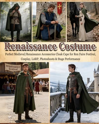 kasahara Renaissance Hooded Cloak Medieval Costume Accessories for Men Women Halloween Costume Cape Belt Pouch Bracers