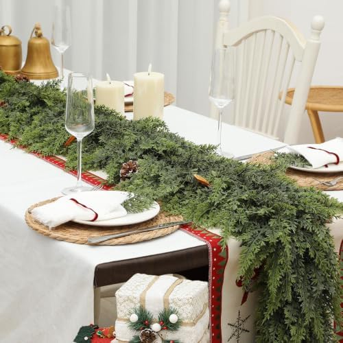 6FT 1Pcs Christmas Cedar Garland Artificial Realistic Soft Thick Green Faux Lush Cedar Pine Garland for Fireplace Mantel Stairs Doorframe Table Porch Indoor Outdoor Holiday Decor