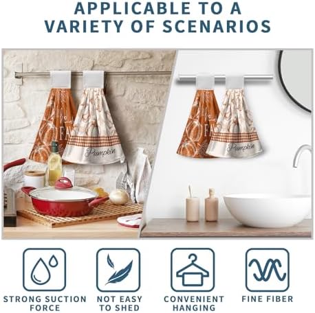 Hello Fall Pumpkin Kitchen Hanging Towels Set of 2 Autumn Maple Leaves Orange Hand Towel with Hanging Loop Seasonal Thanksgiving Fingertip Bath Towels Soft Absorbent Dish Tie Towel