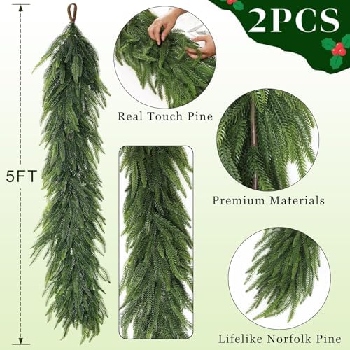 5FT 2PCS Artificial Christmas Norfolk Pine Garland for Fireplace Decor