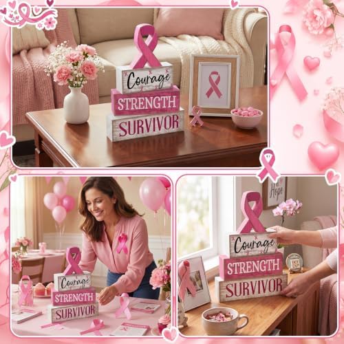 Moucuny 4 Pcs Breast Cancer Awareness Table Decoration Wooden Pink Ribbon