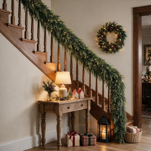 9FT Christmas Cedar Garland, Realistic Artificial Pine Greenery Garland with Flexible Wired Branches, Faux Holiday Garland for Mantle, Fireplace, Staircase, Table, Door, Indoor Outdoor Winter Decor