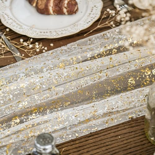 Artoid Mode 2-Pack Beige Gold Gauze Table Runner 10FT, Glitter Metallic Foil Sheer Dining Wedding Anniversary Holiday Birthday Table Decor for Home Party