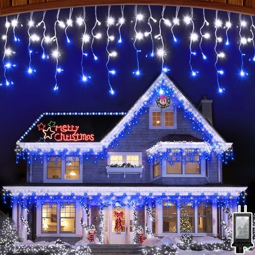 82FT LED Christmas Lights Outdoor with 176 Drops, Christmas Decorations Hanging Lights 616 LED 8 Modes, Fairy String Lights for Wedding Party Holiday Winter Wonderland Decorations Cool White & Blue