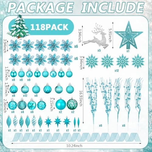 CroBlissful 118 Pcs Teal Blue Christmas Tree Decoration Set Including Ornaments Ball, Mesh Ribbon, Snowflakes Icicle, Tree Top Star, Deer, Flower, Berries Stem Teal Christmas Decoration for Xmas Trees