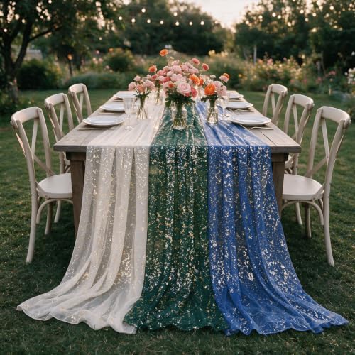 Artoid Mode 3PC Beige Green Blue Gauze Table Runner 120 Inch 10FT, Glitter Metallic Foil Sheer for Wedding Anniversary Holiday Birthday Home Party Decor