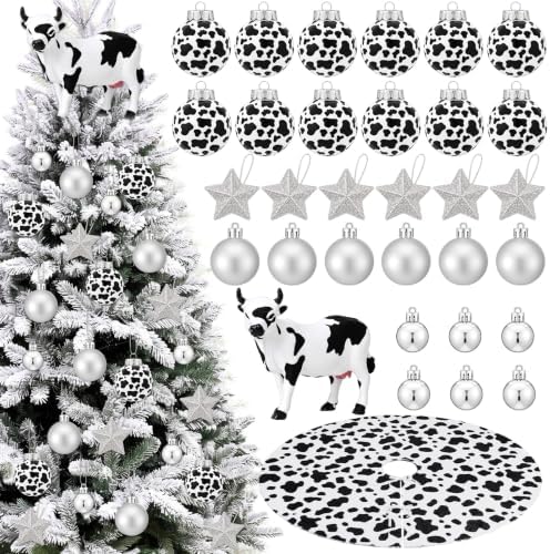 32 Pcs Cow Christmas Tree Decorations Cow Tree Topper Christmas Balls Skirt Xmas Western Cowhide Ornaments for Farmhouse Country Home Xmas Gift