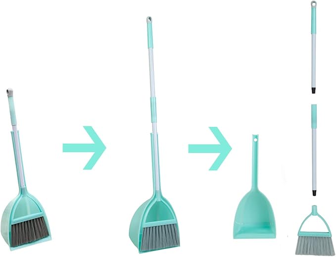 Mini Broom and Dustpan and Telescopic Rod Long Handle Broom, Camping Cleaning Tools, Light Blue and Green