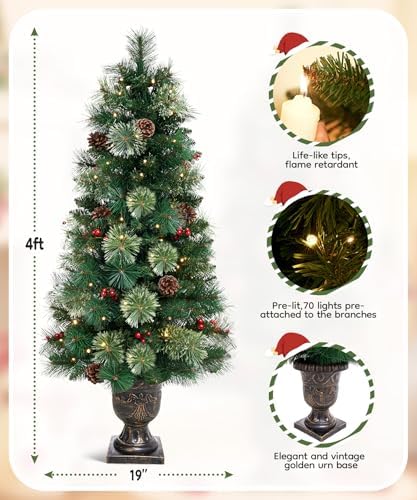 Decoway Flocked Christmas Tree for Entryways: 4ft with 70 Warm White LEDs