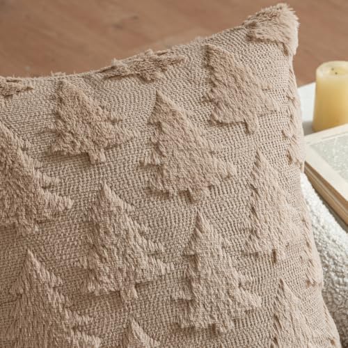 MIULEE Christmas Throw Pillow Covers Light Brown Christmas Decorations Set of 2 Xmas Tree 18x18 Pillow Covers Soft Plush Faux Wool Pillowcases Holiday Festivals Winter Home Decor Sofa Couch Bed Porch