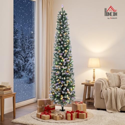 HOMCOM 6ft Pencil Prelit Christmas Tree, Dual Color, Flocked, Green White