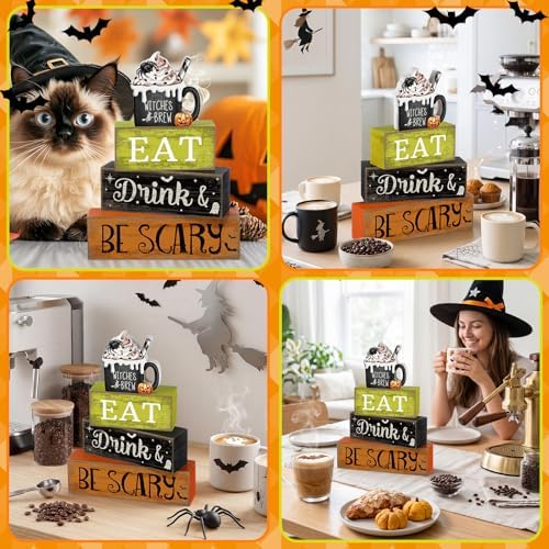 Lineshading 4 Pcs Halloween Wooden Block Signs, Eat Drink Be Scary Decor