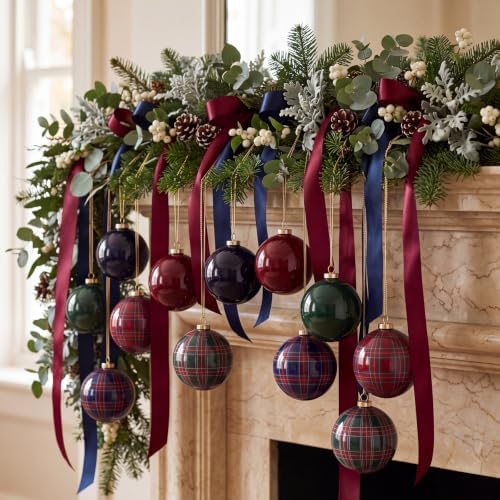 12 Pcs Plaid Christmas Ball Ornaments 2.36 Inch Green Blue Burgundy Balls
