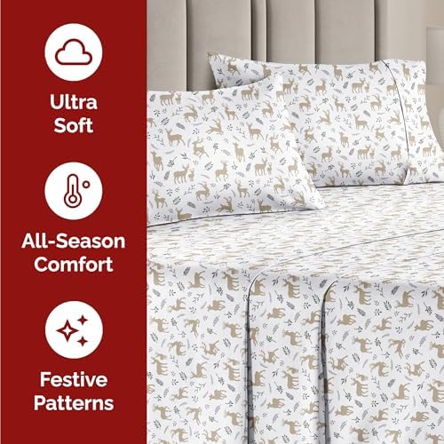 Christmas Sheet Set, Reindeer, Festive Holiday Xmas Bedding Set - Full Size
